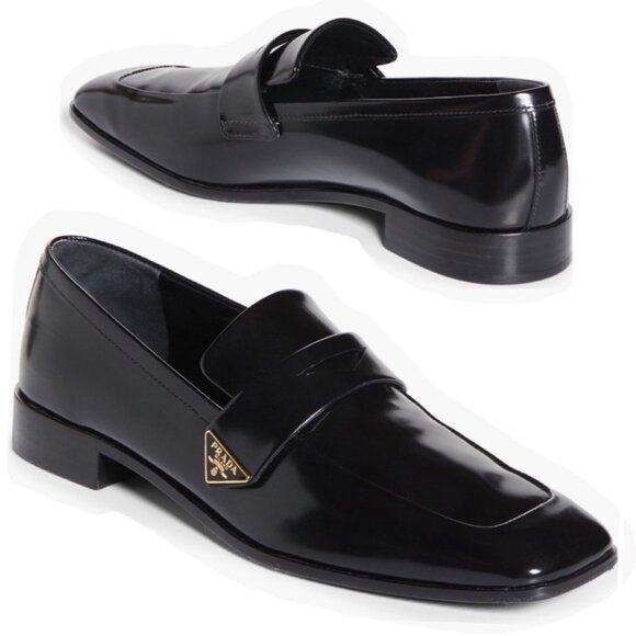 Prada Black Mocassini Logo Penny Leather Loafers Women Size 37 - Picture 1 of 12